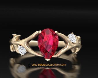 Ruby Engagement Ring, Antler Ring, Chatham created Ruby Ring, Nature inspired Ring, Animal Inspired Ring, 14k Gold Ring.