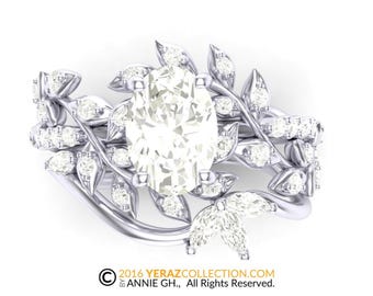 Leaf Ring Set,  Leaf Engagement ring, White solid Gold 14k, Nature inspired  Leaf ring, Lab Diamond Engagement Ring.