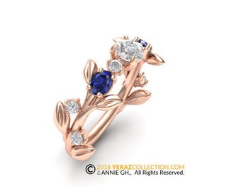 Unique Diamond Engagement Ring, Leaf Engagement Ring, 14K Rose Gold, Nature inspired Leaf ring, Leaf Gold ring, Blue Sapphire Ring.