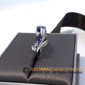 Unique Leaf Engagement Ring, 14k White Gold, Blue Sapphire Engagement ring, Nature inspired Diamond Leaf ring, Leaf Gold ring, Bridal ring image 6