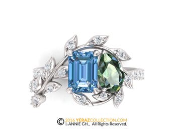 Toi Et Moi Ring, Leaf Engagement ring, White Gold 14k, Nature inspired  Leaf ring, Blue And green Lab Diamond Engagement Ring, Diamond Ring.