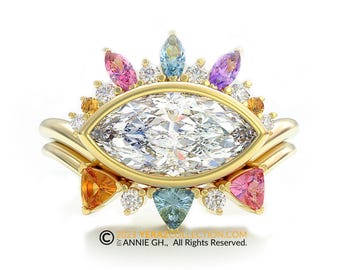 Starburst Engagement Ring Set, Engagement Ring and Matching Band, Diamond Ring, Yellow Gold 14k, Colored Gem stone Ring, Ring.