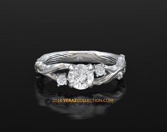 Anillo de compromiso de hoja único, oro blanco de 14 k, anillo de compromiso de diamantes, anillo de hoja inspirado en la naturaleza, anillo de hoja de oro, anillo de novia, RI-1293.