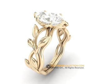 Conjunto de anillo de compromiso de oro amarillo de 14 quilates con forma de hoja, cabeza de tulipán, piedra central de diamante sintético, anillo nupcial inspirado en la naturaleza.