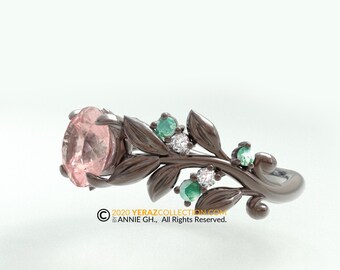 Leaf Engagement ring, Black Rhodium Gold 10k,  Rose Quartz Ring, Nature inspired Leaf ring.
