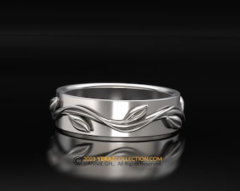 Elegant Men Wedding Band for Mother Nature lovers, Platinum Men Wedding Ring, Men band.