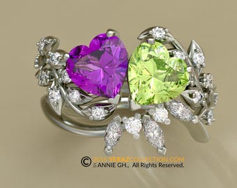 Toi Et Moi Ring Set, Vine of Hearts, Leaf Engagement ring, White Gold 14k, Nature inspired  Leaf ring, Amethyst And Peridot Engagement Ring.