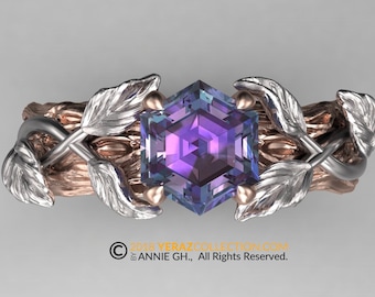 The Sylvan Halo, Two Tone unique Alexandrite Leaf Engagement Ring, Nature Inspired Leaf Ring, Hexagon cut Stone, Engagement Ring.