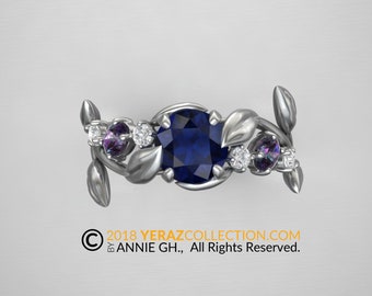 Chatham Sapphire Leaf Engagement ring, 14k White Gold, Chatham Sapphire Engagement ring, Nature inspired Diamond Leaf ring, Alexandrite Ring