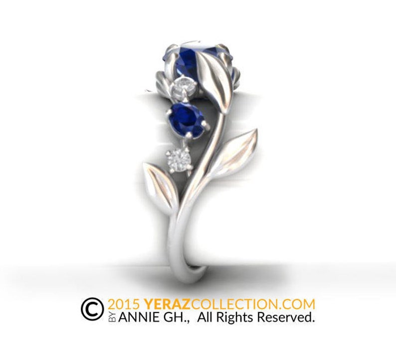 Unique Leaf Engagement Ring, 14k White Gold, Blue Sapphire Engagement ring, Nature inspired Diamond Leaf ring, Leaf Gold ring, Bridal ring image 4