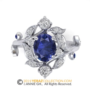 Unique Blue Sapphire Flower Engagement Ring, 14k White Gold, Nature Inspired Leaf Ring