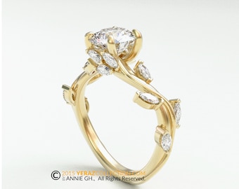 Leaf Engagement ring, Everleaf ring, Yellow Gold 14k, Lab Created Diamond ring, Vine Ring, Nature inspired Diamond Leaf ring, 188.