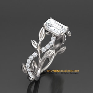 Leaf Engagement Ring, White Gold 14k, Moissanite Center-stone, Nature inspired Diamond Leaf ring, Leaf Gold ring, White gold.