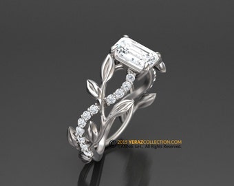 Leaf Engagement Ring, White Gold 14k, Moissanite Center-stone, Nature inspired Diamond Leaf ring, Leaf Gold ring, White gold.