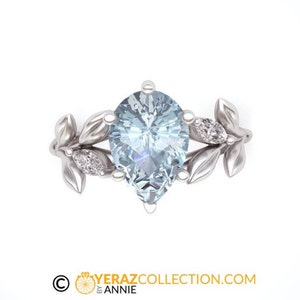 Aquamarine Engagement Ring, 14K White Gold, Aquamarine Leaf Engagement Ring, Nature inspired Diamond Leaf Ring, Leaf Gold Ring, Pear Shap