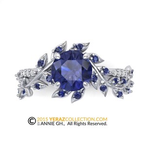 Sapphire Engagement ring, 14k White Gold, Chatham Sapphire Center Stone, Nature inspired Diamond Leaf ring, Bridal ring. RI-1283