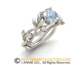 Anillo de compromiso con hoja, oro blanco de 14 k, anillo de compromiso con aguamarina, anillo de hoja con diamantes inspirado en la naturaleza, anillo de oro con hoja, anillo de novia