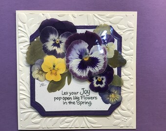 Pansy Inspirational Blank Card, Real Pressed Pansies, Embellished with Paper Embossing,  FREE PANSY BOOKMARK with purchase, Free Shipping