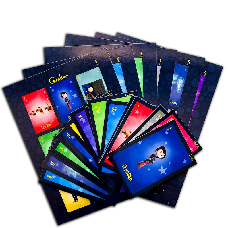 May include: A set of playing cards featuring illustrations from the movie Coraline. The cards are arranged in a fan shape, with the backs of the cards facing the viewer. The cards are blue, green, red, and purple.