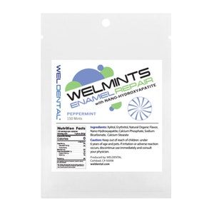 May include: A white packet of Welmints Peppermint enamel repair mints. The label features blue and green graphics, the text "WELMINTS ENAMEL REPAIR" and "PEPPERMINT 150 Mints". The ingredients and nutrition facts are also listed.