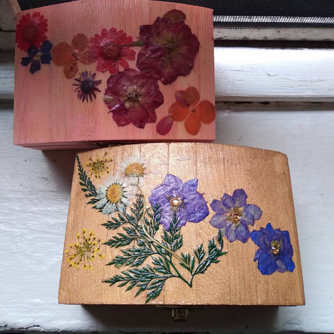 Floral Keepsake Box, Dried Flower Jewelry Box, Hand Painted Memory Box