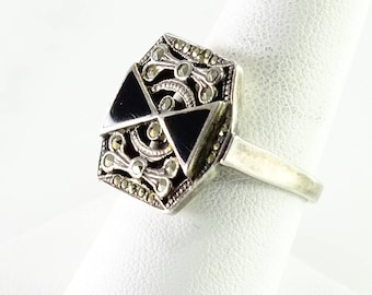 Art Deco Onyx Marcasite Ring Size 8.5