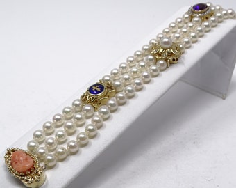 7 1/4" 14K Gold with Gems and Diamond Pearl Bracelet