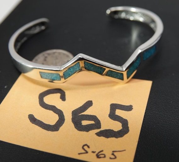 Medium Wrist Solid Sterling Cuff with Turquoise I… - image 4