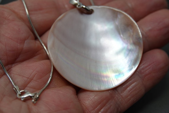 Large Sterling and Pink Shell Pendant // 20" Ster… - image 3