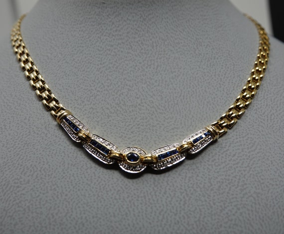17" 18K Yellow Gold Necklace with Sapphires and D… - image 1
