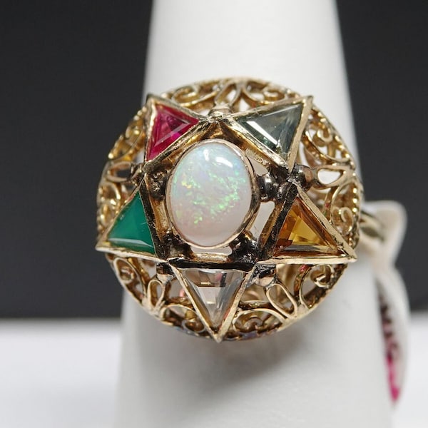 Size 6 3/4  * 18K Gold Multi Gemstone Eastern Star Ring with Opal