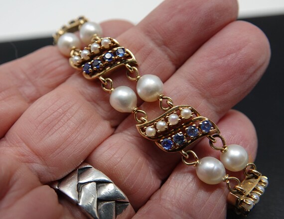 7 1/4" 14K Yellow Gold, Sapphire and Pearl Bracel… - image 5
