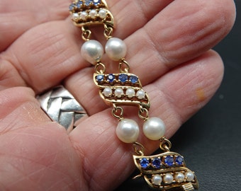 7 1/4" 14K Yellow Gold, Sapphire and Pearl Bracelet