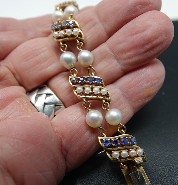 7 1/4" 14K Yellow Gold, Sapphire and Pearl Bracel… - image 1