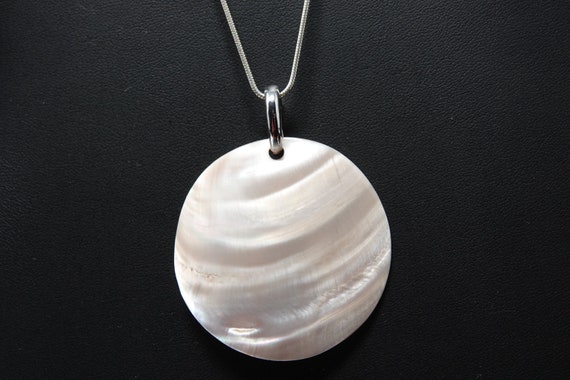 Large Sterling and Pink Shell Pendant // 20" Ster… - image 1