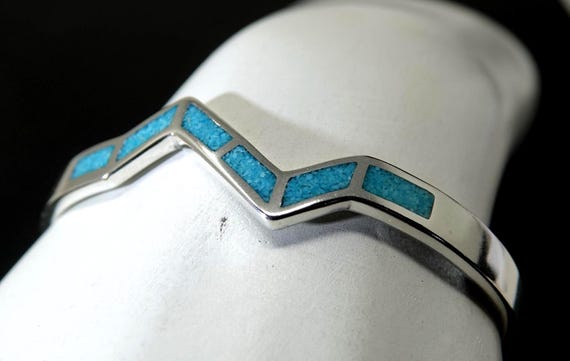 Medium Wrist Solid Sterling Cuff with Turquoise I… - image 1
