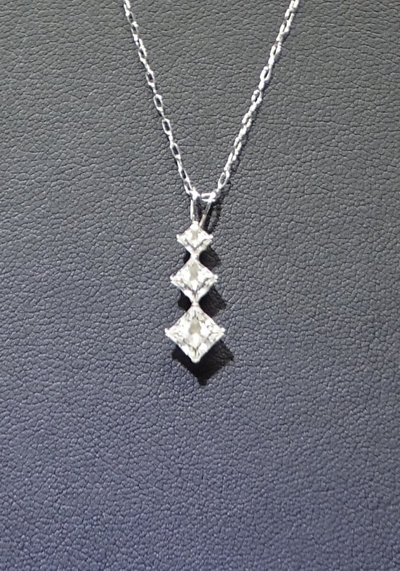 14K White Gold Pendant and Chain with 3 CZ Square 