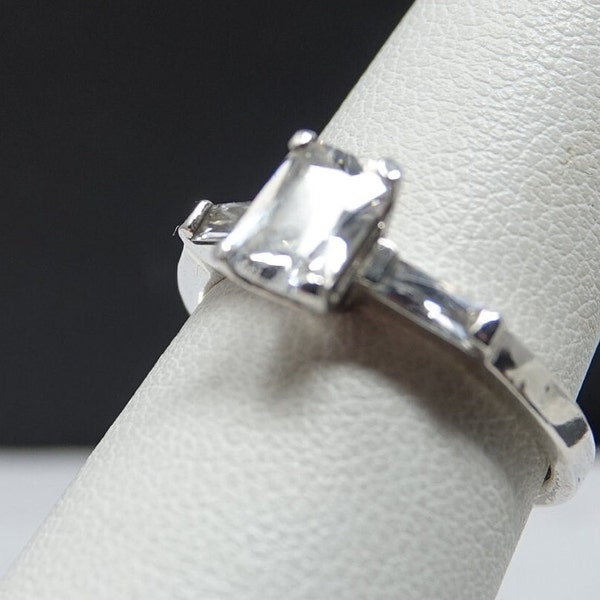 Size 6 1/2 Sterling with 1ct Emerald Cut CZ and Baguettes Engagement Ring