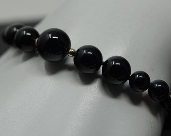 7" Graduated Onyx Beaded Bracelet , 14K Gold Beads and Clasp