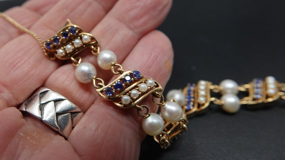 7 1/4" 14K Yellow Gold, Sapphire and Pearl Bracel… - image 3
