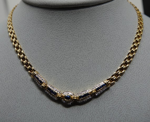 17" 18K Yellow Gold Necklace with Sapphires and D… - image 2