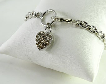 CZ Encrusted Heart Charm on a 7 1/2" Sterling Bracelet