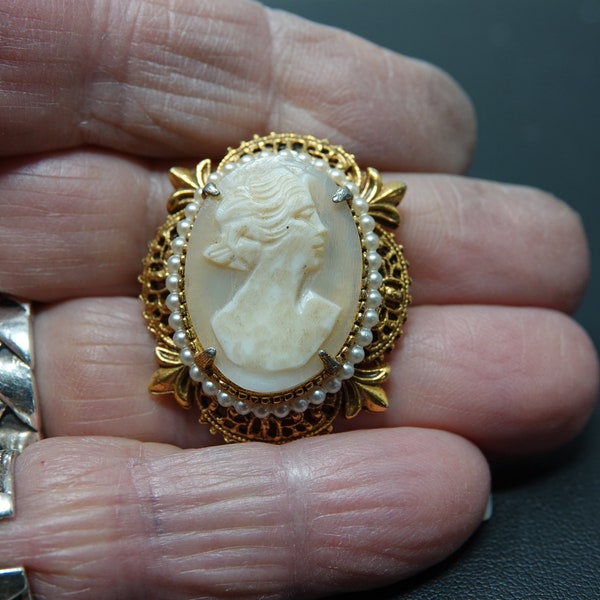 Mid Century Italian Cameo with Seed Pearls by Florenza (Gold Plated)