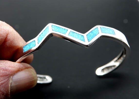 Medium Wrist Solid Sterling Cuff with Turquoise I… - image 2