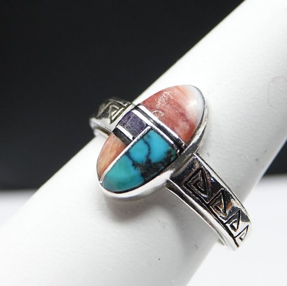 Size 8  Native American Artisan Sterling Inlaid R… - image 1