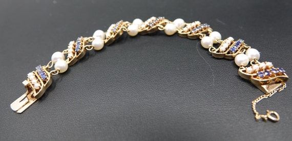 7 1/4" 14K Yellow Gold, Sapphire and Pearl Bracel… - image 2