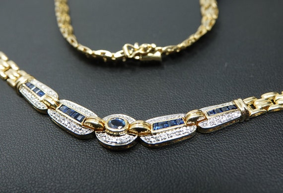 17" 18K Yellow Gold Necklace with Sapphires and D… - image 3