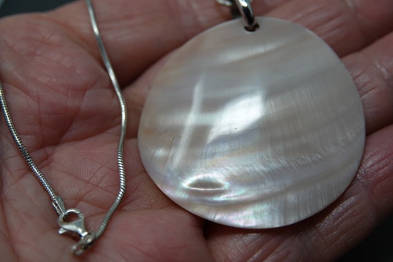 Large Sterling and Pink Shell Pendant // 20" Ster… - image 2