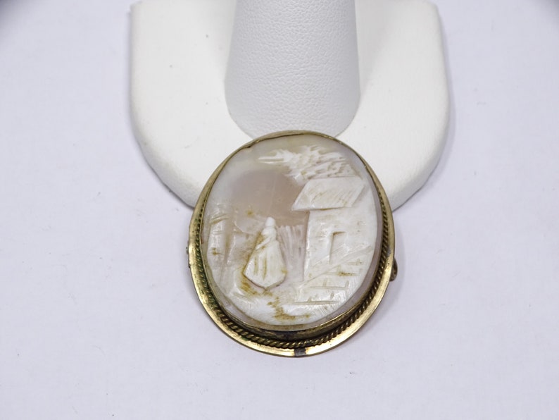Antique Gold Filled Cameo of House and Woman