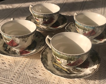 Johnson Bros Friendly Village Cups and Saucers - The Ice House - Set of 4